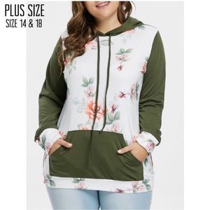 Tops - Plus Size Green/White Floral Contrast Hoodie Tops - Plus Size Green/White Floral Contrast Hoodie